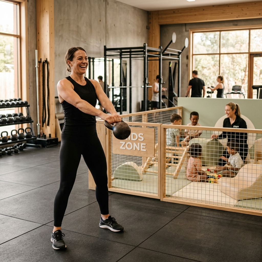 Madre sonriendo mientras entrena con kettlebell, con la zona infantil visible al fondo.